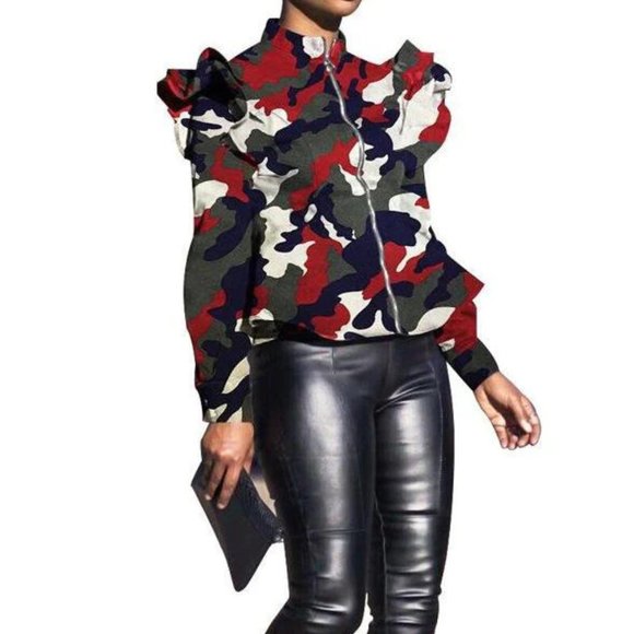 Jackets & Blazers - Red and Green Bomber Jacket with Abstract Pattern